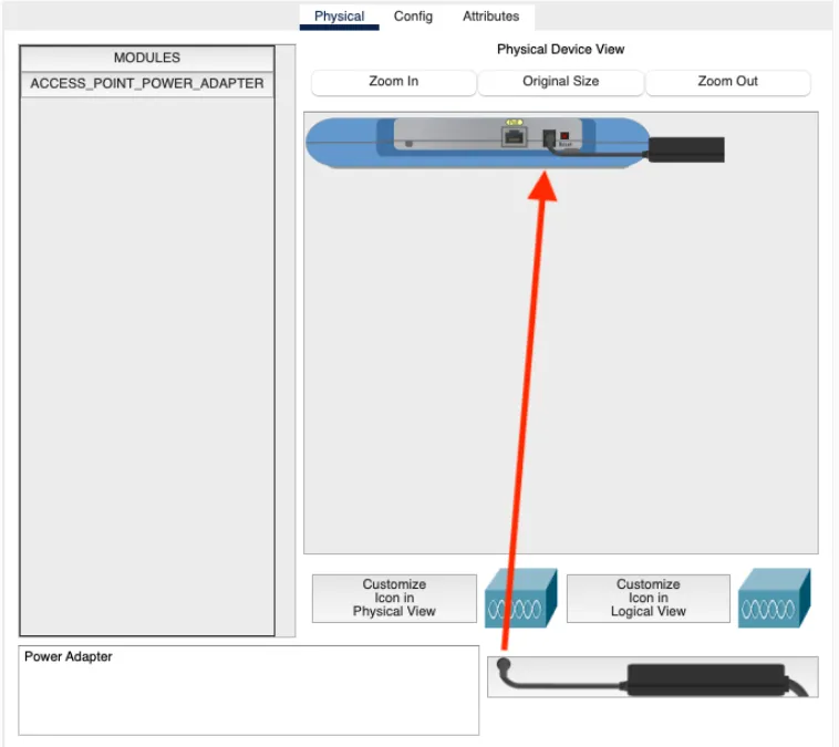WAP physical tab showing the power connector